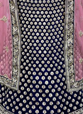 Blue embroidered velvet semi stitched lehenga 2
