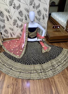 Blue embroidered velvet semi stitched lehenga 1