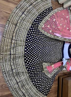 Blue embroidered velvet semi stitched lehenga 2