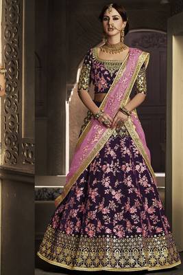 Purple embroidered velvet semi stitched lehenga 1