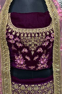Purple embroidered velvet semi stitched lehenga 2