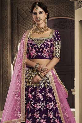 Purple embroidered velvet semi stitched lehenga 3