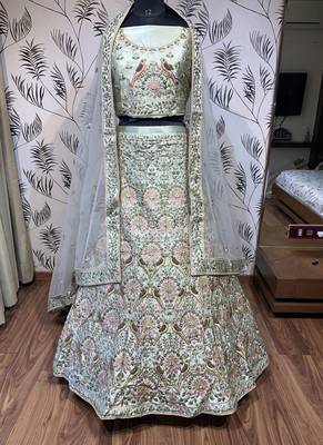 Light-green embroidered satin semi stitched lehenga 1