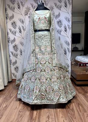 Light-green embroidered satin semi stitched lehenga 2