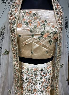 Peach embroidered satin semi stitched lehenga 2