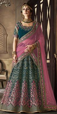 Green embroidered velvet semi stitched lehenga 1