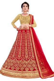 Red embroidered net semi stitched lehenga