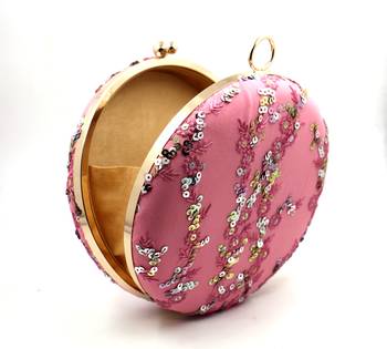 Worthyy Enterprises Handcrafted Heavy Embroidery Work Round Clutch Bag Purse Handbag For Women/Girls |Pink| 2