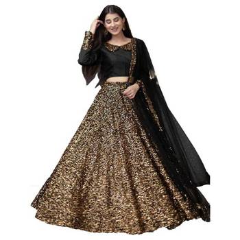 Black embroidered velvet semi stitched lehenga 1