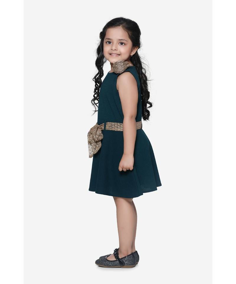 Teal Green Partywear Dress with Golden Detailing