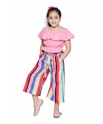 Pink Off Shoulder Top and Striped Culotte Pant Set 1