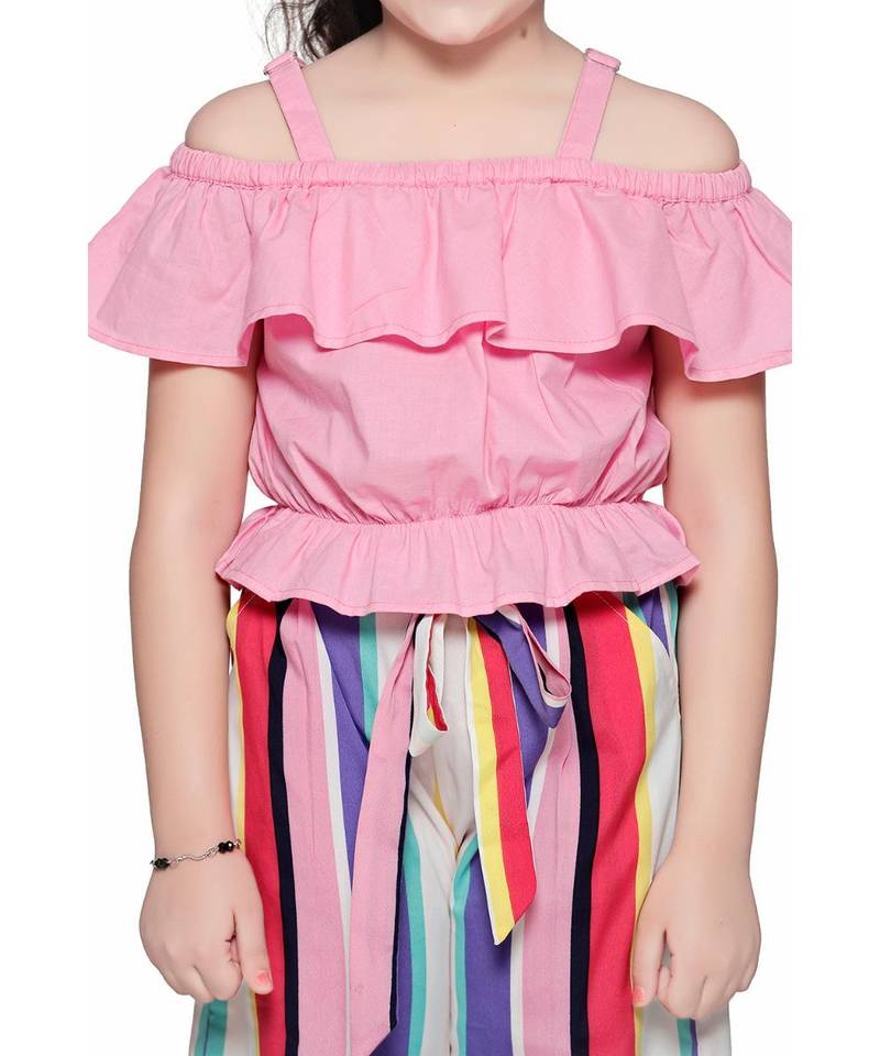 Pink Off Shoulder Top and Striped Culotte Pant Set