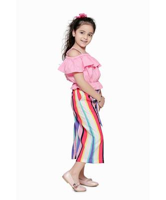 Pink Off Shoulder Top and Striped Culotte Pant Set 4