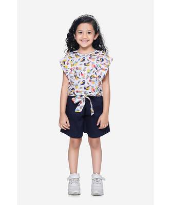 Bird Print ruffle top with Navy belted shorts Set 1
