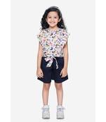 Bird Print ruffle top with Navy belted shorts Set
