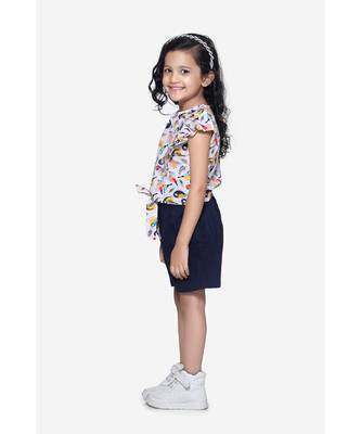 Bird Print ruffle top with Navy belted shorts Set 2