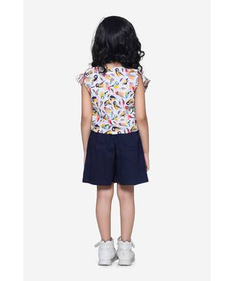 Bird Print ruffle top with Navy belted shorts Set 3