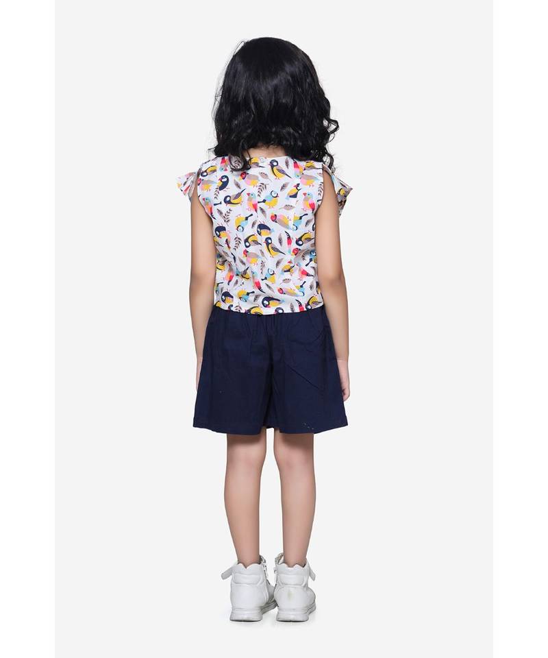 Bird Print ruffle top with Navy belted shorts Set