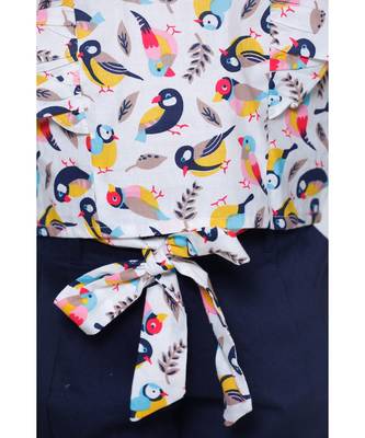 Bird Print ruffle top with Navy belted shorts Set 4