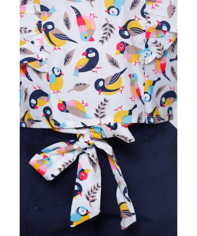 Bird Print ruffle top with Navy belted shorts Set
