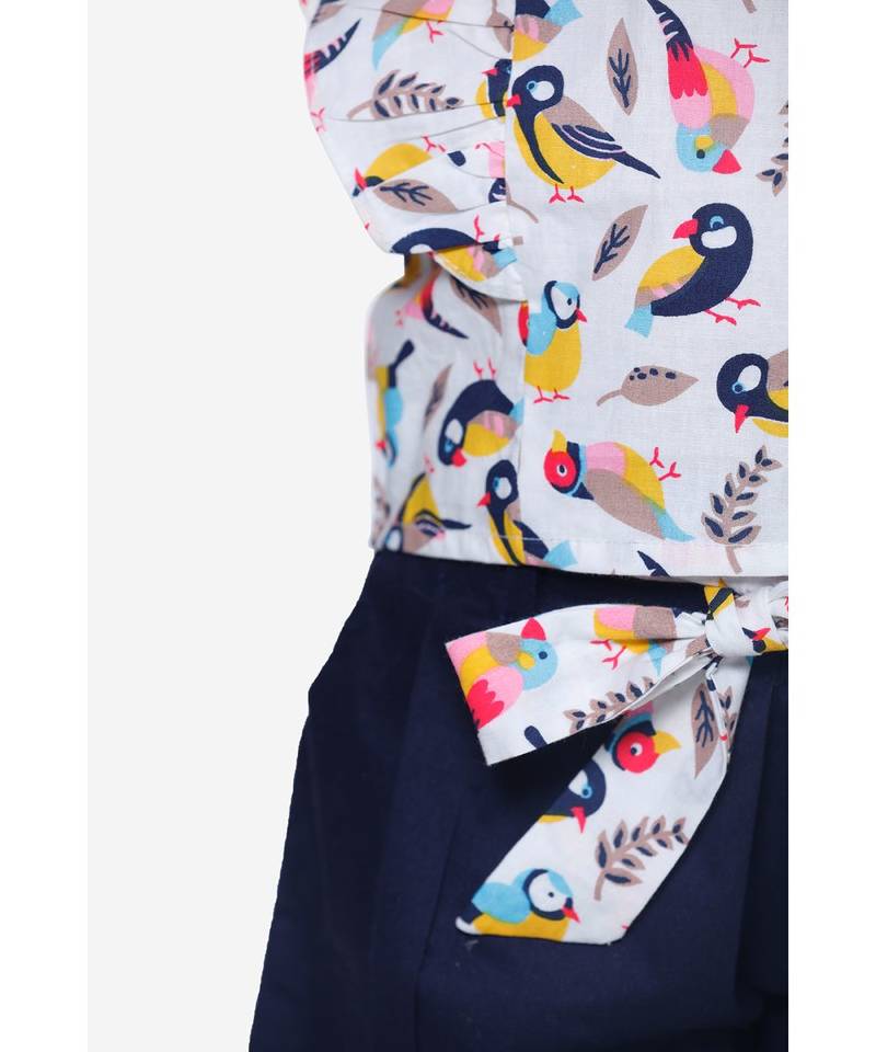 Bird Print ruffle top with Navy belted shorts Set