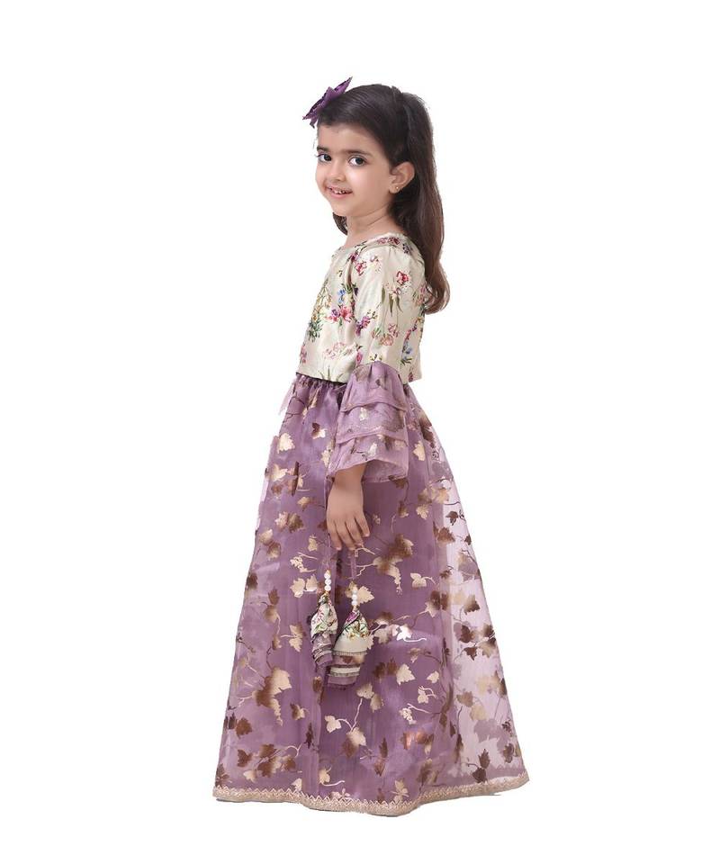 Floral Top with Wine Organza Skrit Set