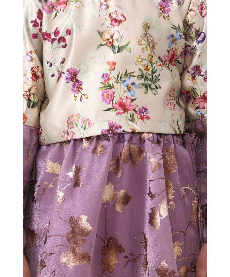 Floral Top with Wine Organza Skrit Set