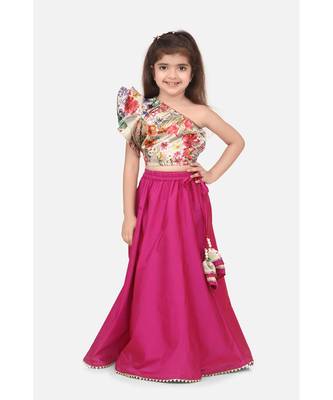 Floral One Side Shoulder Top with Wine Lehenga Set 1