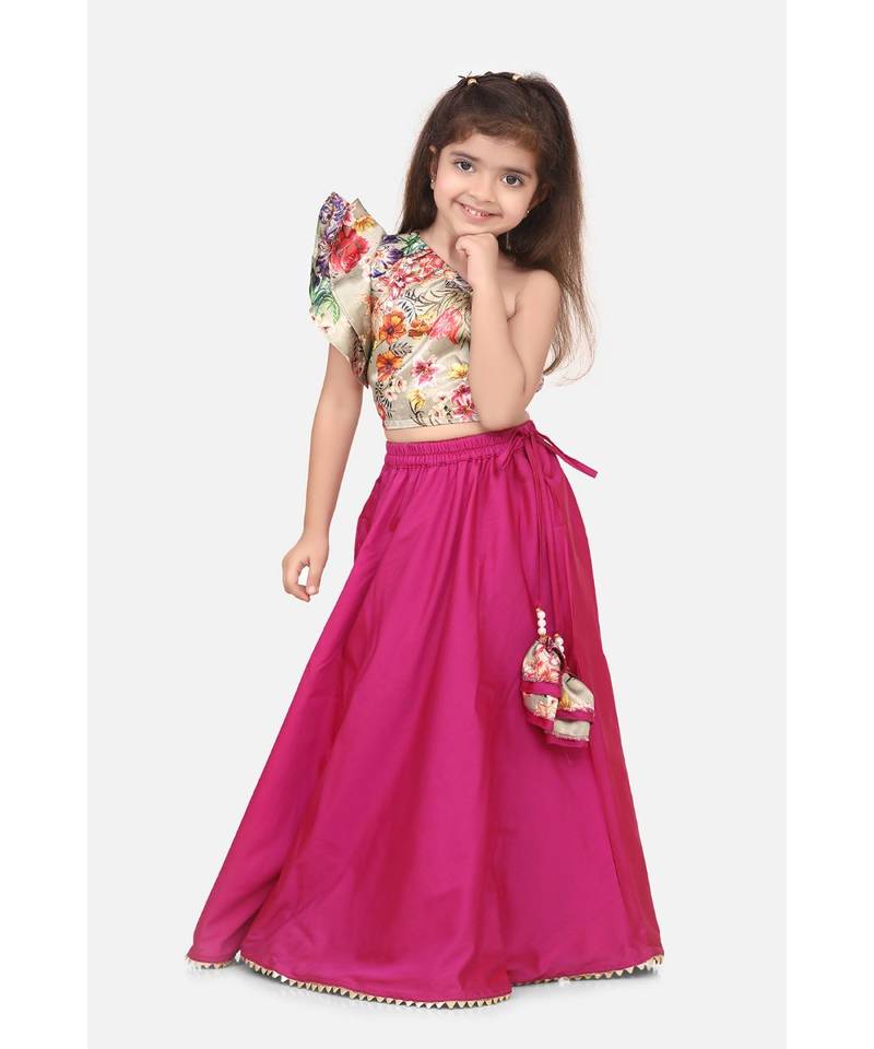 Floral One Side Shoulder Top with Wine Lehenga Set