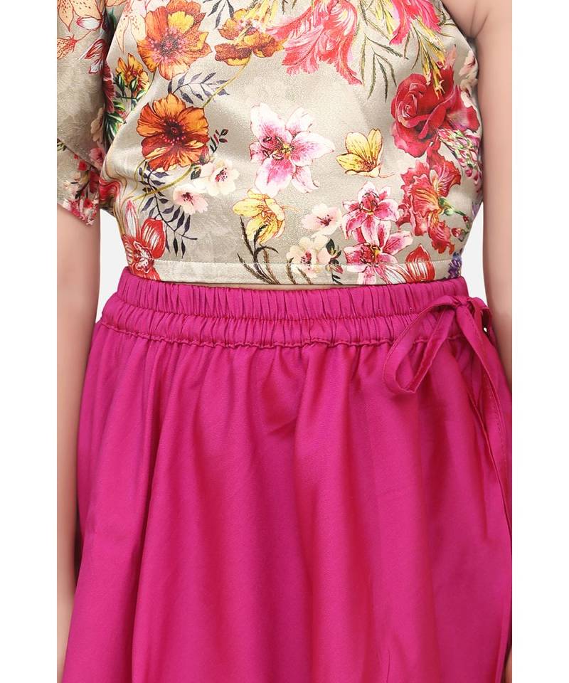 Floral One Side Shoulder Top with Wine Lehenga Set