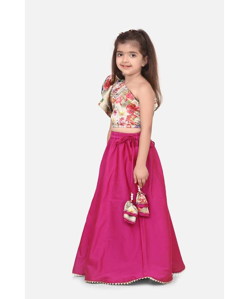 Floral One Side Shoulder Top with Wine Lehenga Set