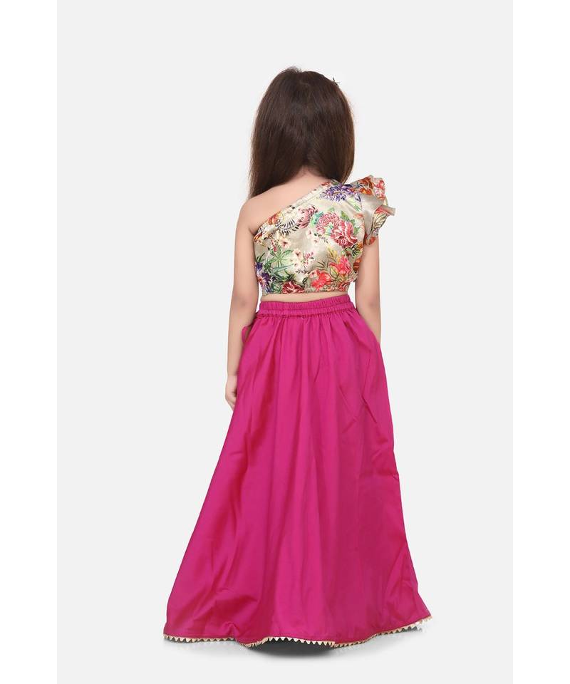 Floral One Side Shoulder Top with Wine Lehenga Set