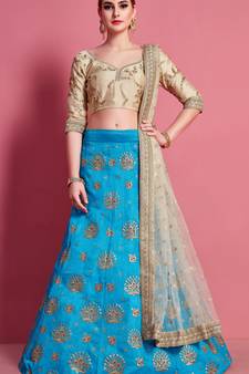 fascinating Sky-blue Sequins embroidered art silk wedding lehenga
