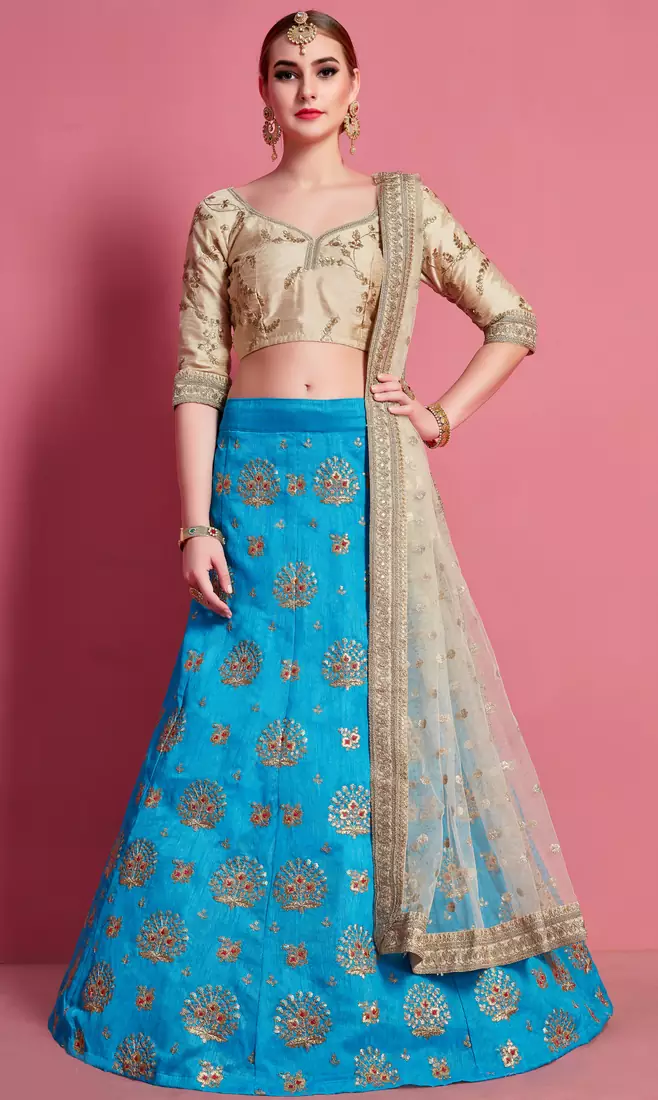 fascinating Sky-blue Sequins embroidered art silk wedding lehenga