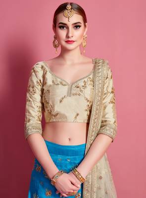 fascinating Sky-blue Sequins embroidered art Silk wedding Lehenga choli 2