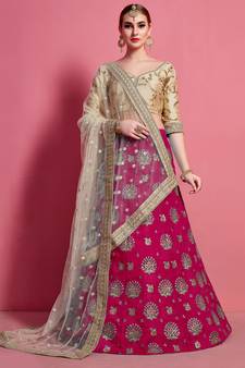 Rani-pink embroidered art silk Semi Stitched wedding & party lehenga