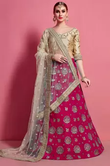 Rani-pink embroidered art silk Semi Stitched wedding & party lehenga