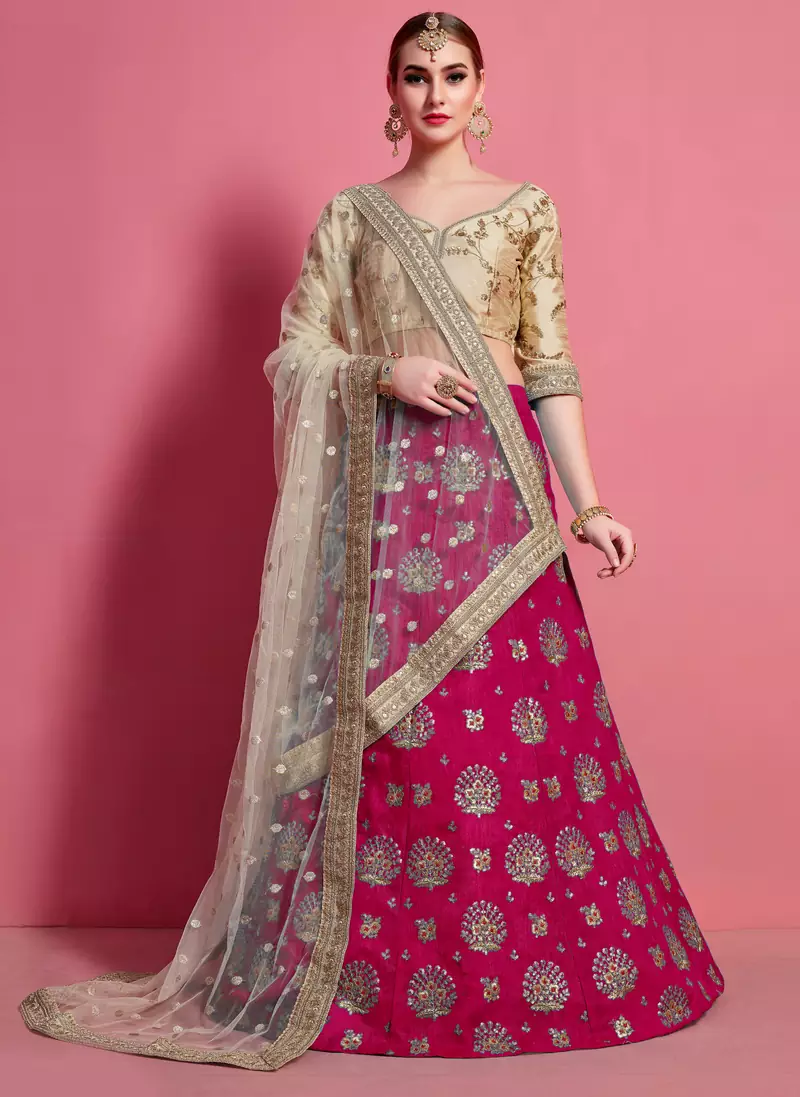 Rani-pink embroidered art silk Semi Stitched wedding & party lehenga