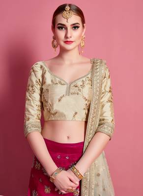 Rani-pink embroidered art Silk Semi Stitched wedding & party Lehenga 2