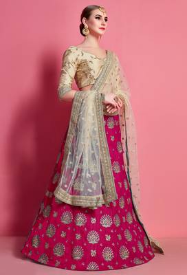 Rani-pink embroidered art Silk Semi Stitched wedding & party Lehenga 3