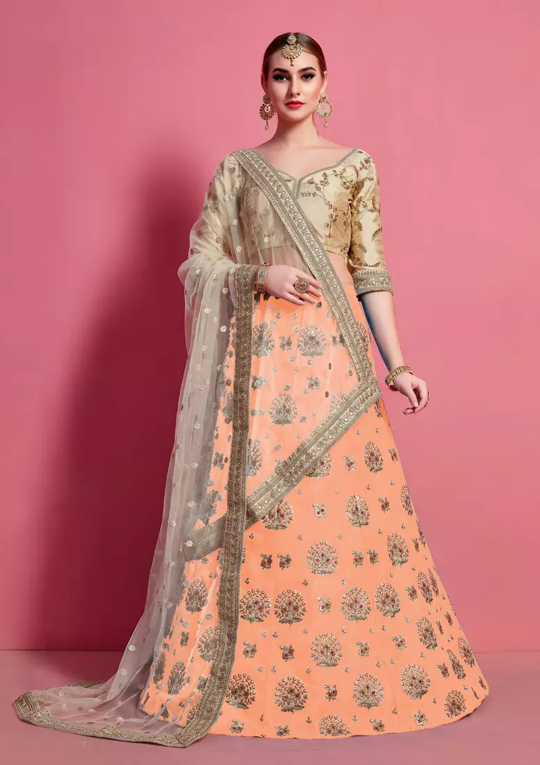 provocative Orange Sequins embroidered art silk ceremonial lehenga