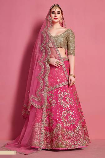 Magenta embroidered art silk semi stitched wedding & party lehenga