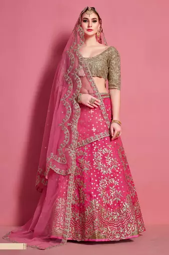 Magenta embroidered art silk semi stitched wedding & party lehenga