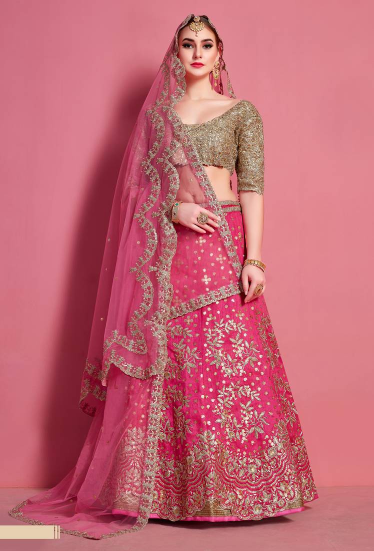 Magenta embroidered art silk semi stitched wedding & party lehenga