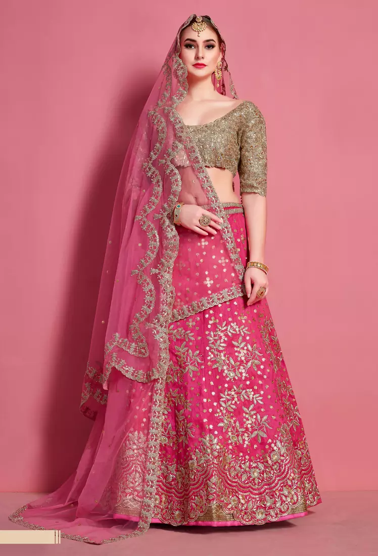 Magenta embroidered art silk semi stitched wedding & party lehenga