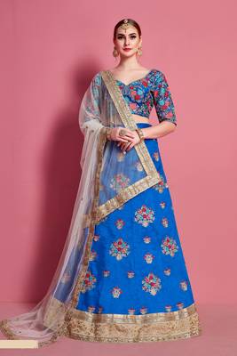 Blue embroidered art silk Semi Stitched wedding & party lehenga 1