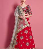 Red embroidered art silk semi stitched wedding & party lehenga