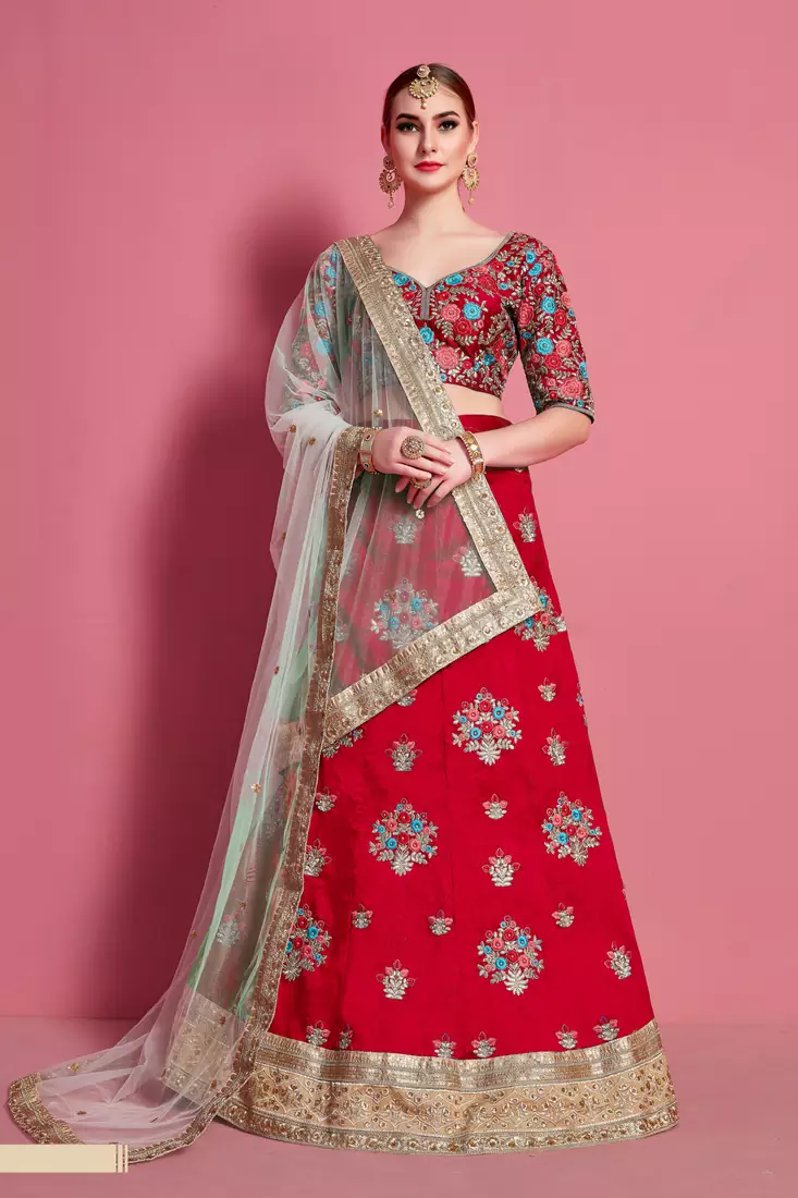 Red embroidered art silk semi stitched wedding & party lehenga