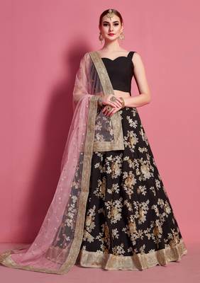 Black embroidered crepe Semi Stitched wedding & party lehenga 1