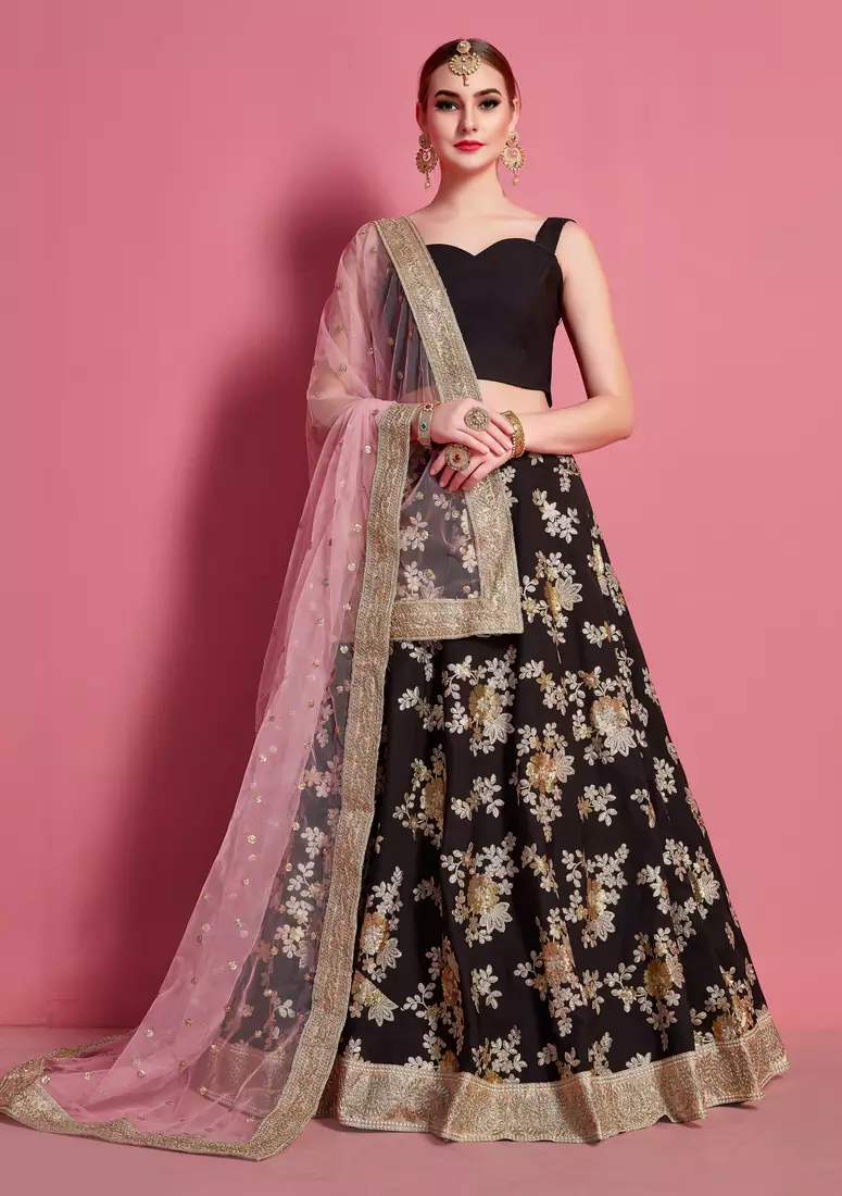 Black embroidered crepe Semi Stitched wedding & party lehenga